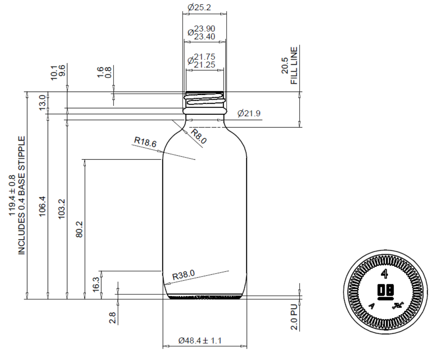 Winchester stikla pudele (128ml/4oz dzintara) ar R3/24 urīnvielas polycone oderētu vāciņu